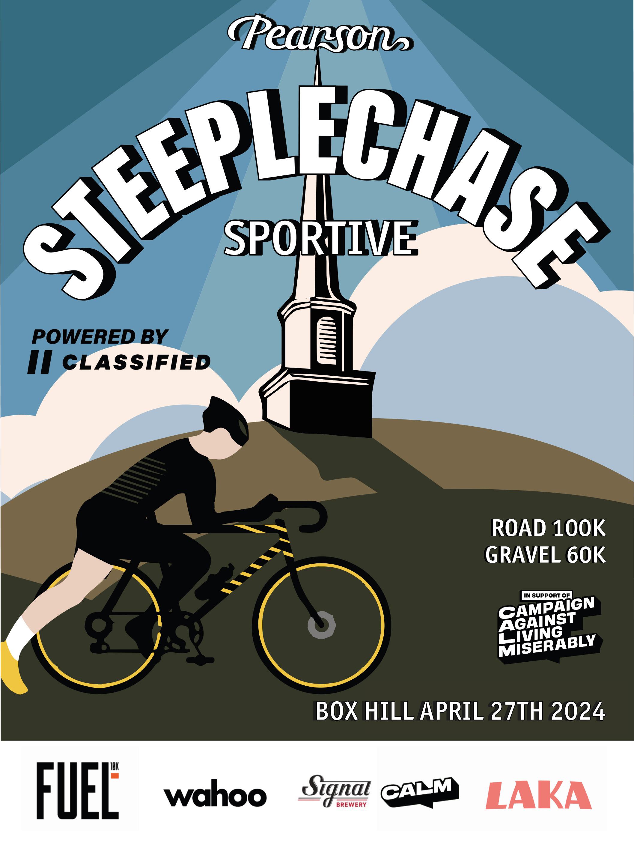 Poster for Pearson Steeplechase Sportive event featuring a cyclist in black cycling attire and helmet riding past a monument. Event details: Box Hill, April 27th, 2024, includes Road 100K and Gravel 60K routes. Sponsored by various brands, supporting CALM charity.