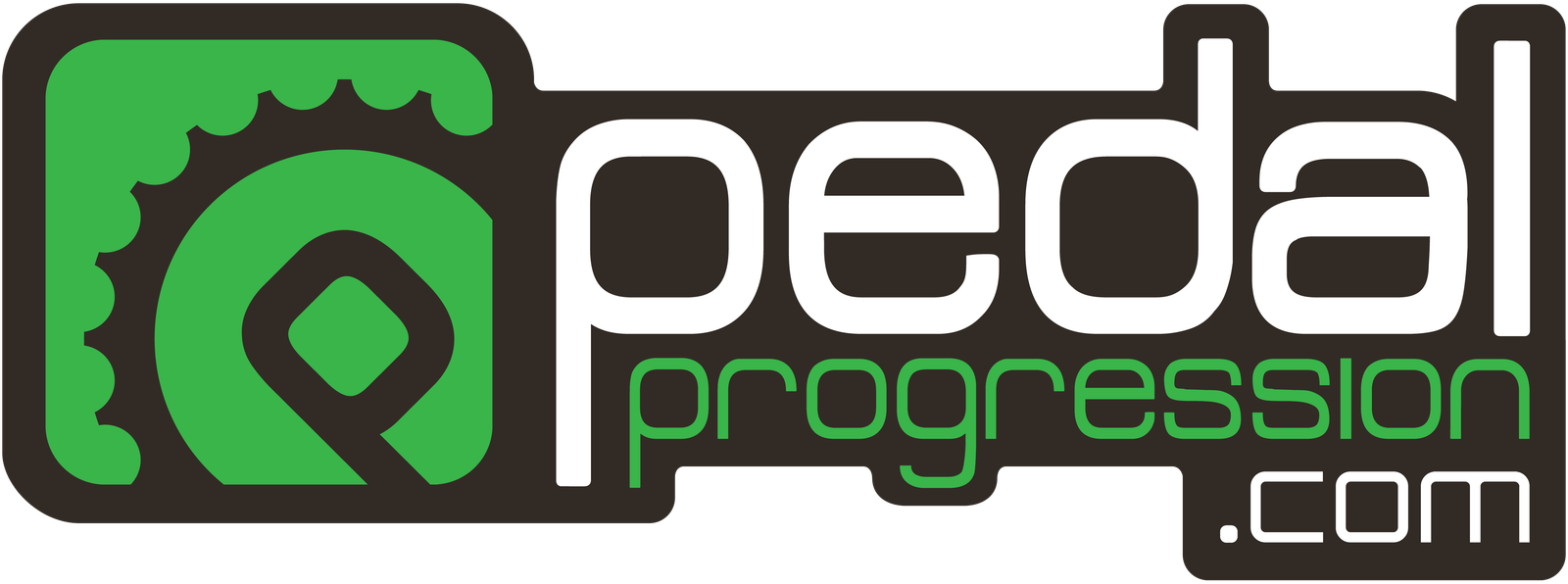 A logo featuring the text "pedal progression.com" with "pedal" in bold white letters and "progression.com" in green. To the left, there is a stylized green and white graphic incorporating a chainring and a ride leader emblem.