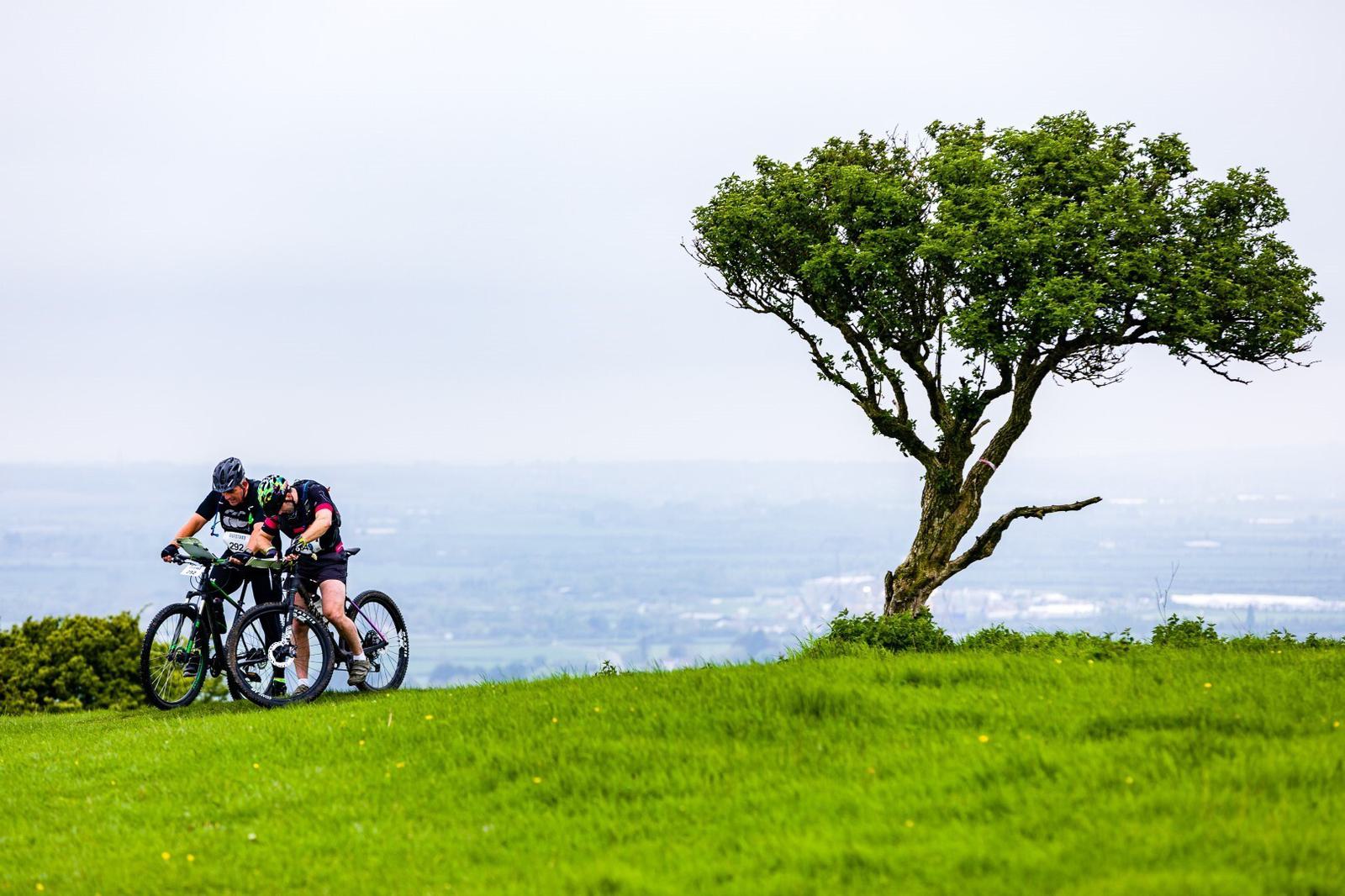 Two cyclists ride uphill on a grassy landscape with a single tree to their right. The sky is overcast, and the distant background is slightly hazy. Both cyclists wear helmets and sports attire as they navigate the incline together.