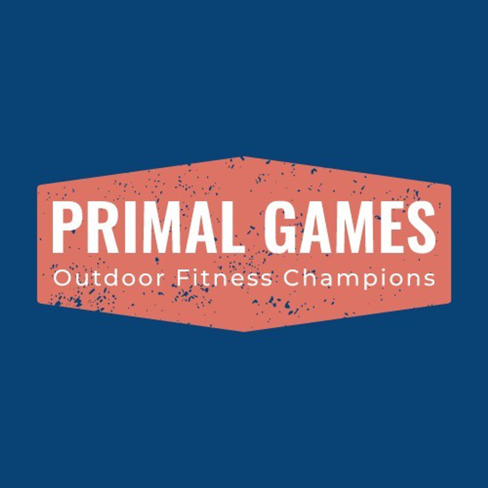 A blue background features a red, rugged, hexagonal shape in the center. Inside the shape, white text reads "PRIMAL GAMES" with smaller text below stating "Outdoor Fitness Champions.