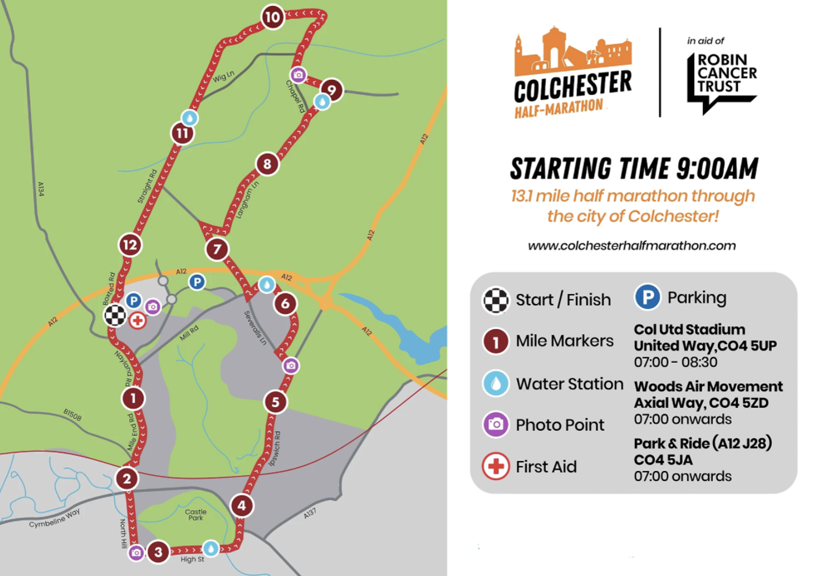 A map for the Colchester Half Marathon showing the 13.1-mile route through the city of Colchester. Key points include the start/finish at Col Utd Stadium, aid stations, water stations, photo points, parking, and park & ride locations. Start time: 9:00 AM.