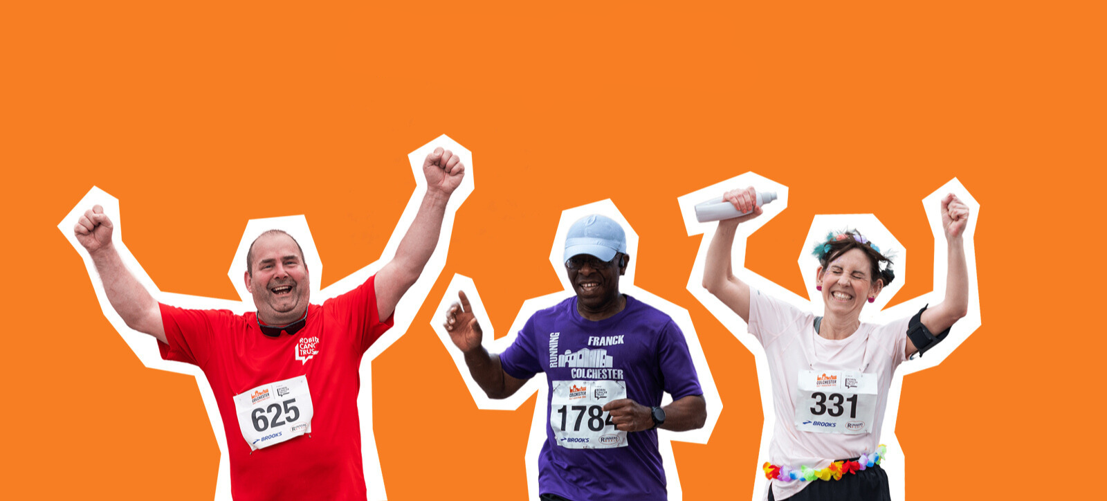 Three people are celebrating crossing the finish line of a race. All three have raised arms and are holding race bibs with the numbers 625, 178, and 331. They are dressed in colorful athletic gear and appear cheerful and victorious against an orange background.