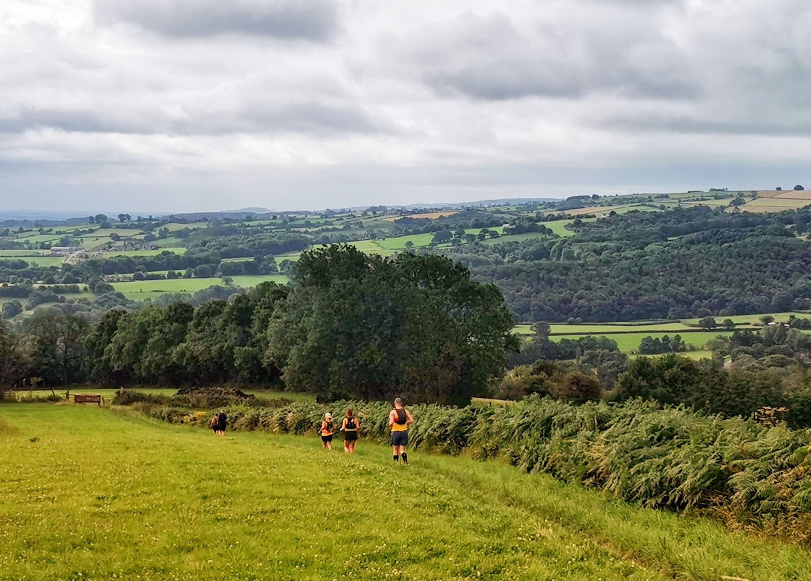 Three people are walking along a grassy path bordered by bushes, with rolling green hills, trees, and fields stretching into the distance under a cloudy sky.