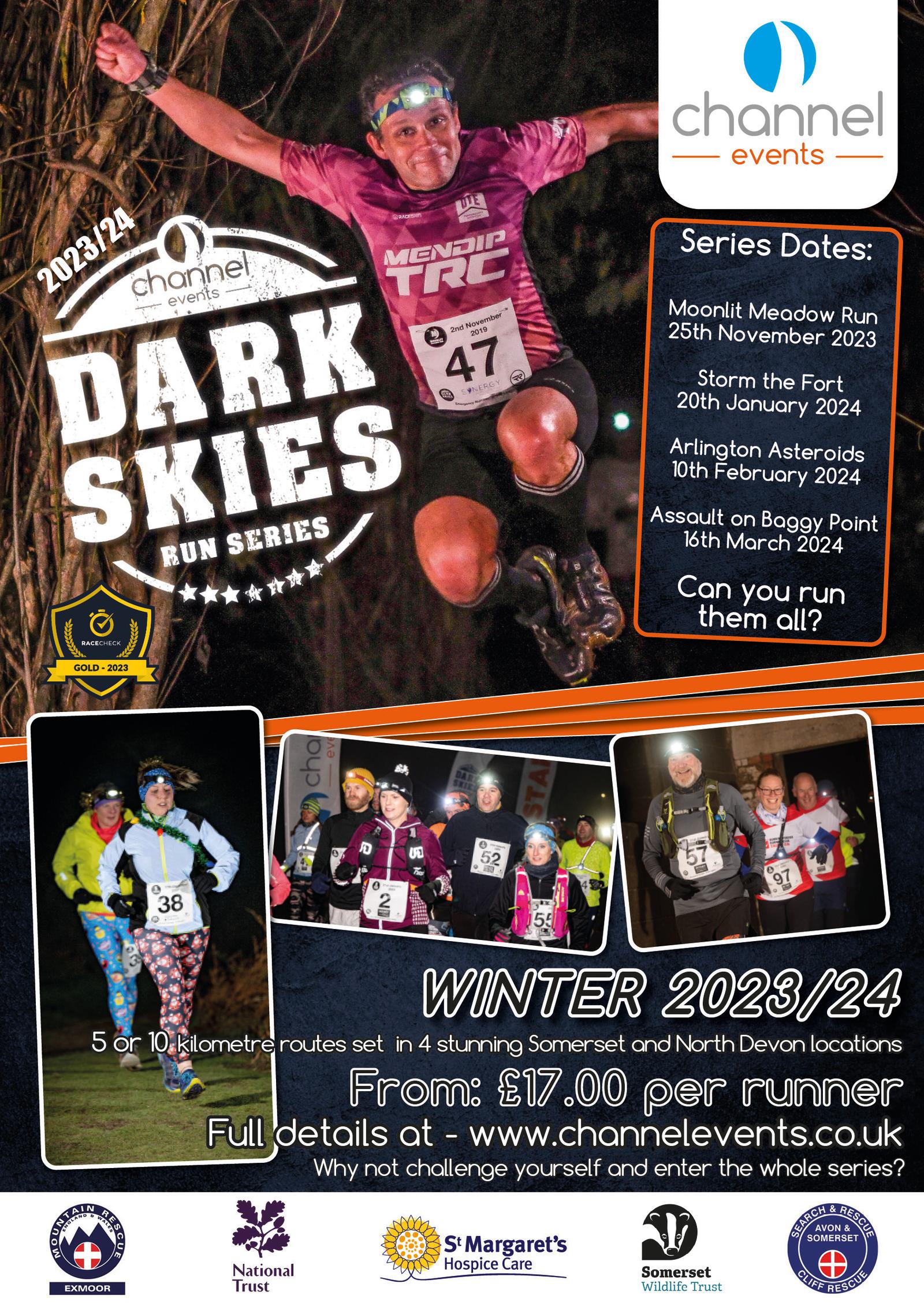 A promotional poster for the "Dark Skies Run Series: Winter 2023/24" by Channel Events, highlighting four runs: Moonlit Meadow Run (25 Nov 2023), Storm the Fort (20 Jan 2024), Arlington Asteriods (10 Feb 2024), Assault on Baggy Point (16 Mar 2024). Runners' photos included.