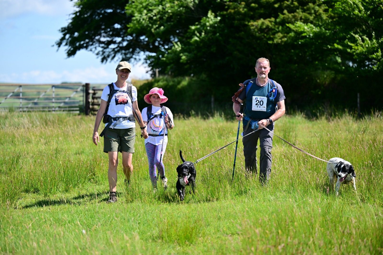 A group of three people, two adults and a child, hike through a grassy field with their three dogs. They are dressed in casual hiking attire with backpacks and sun hats. The day is sunny with clear skies, and there are trees in the background.