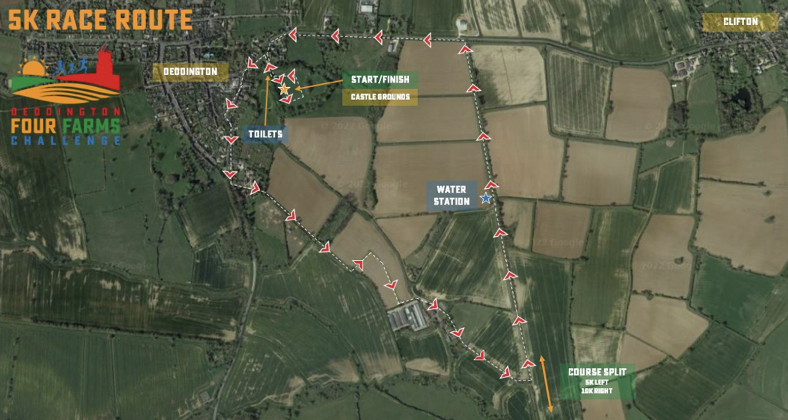A map illustrates the 5K race route for the Deddington Four Farms Challenge. Landmarks include the start/finish point at Castle Grounds, a water station, toilets, and a split at 1.6K for the 1.6K short route. The course traverses fields and paths.