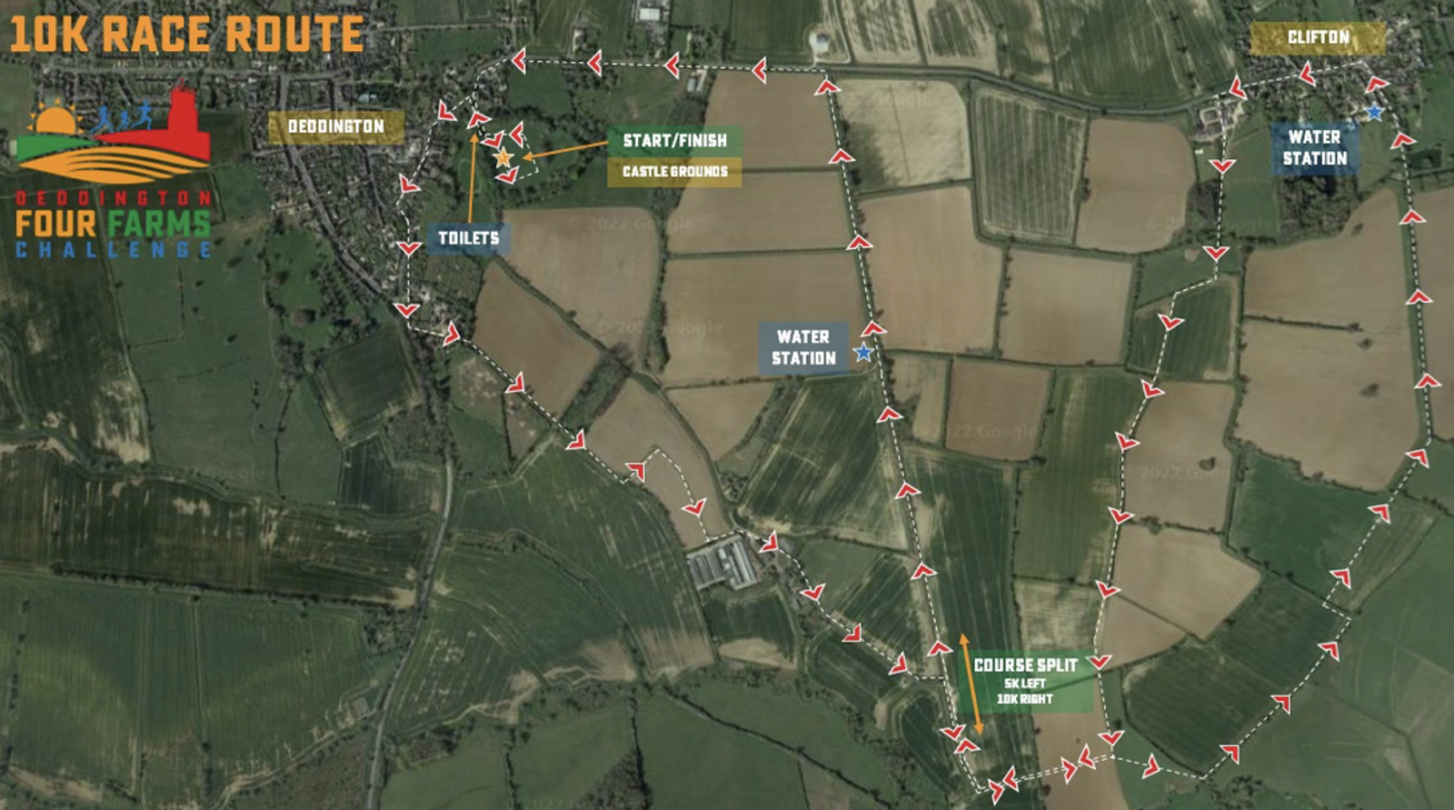 A satellite map showing the 10K race route for the Eddington Four Farms Challenge. The course starts and finishes in Eddington, passing through farmland with water stations and a course split midway. Key points like toilets and Castleforms are marked.