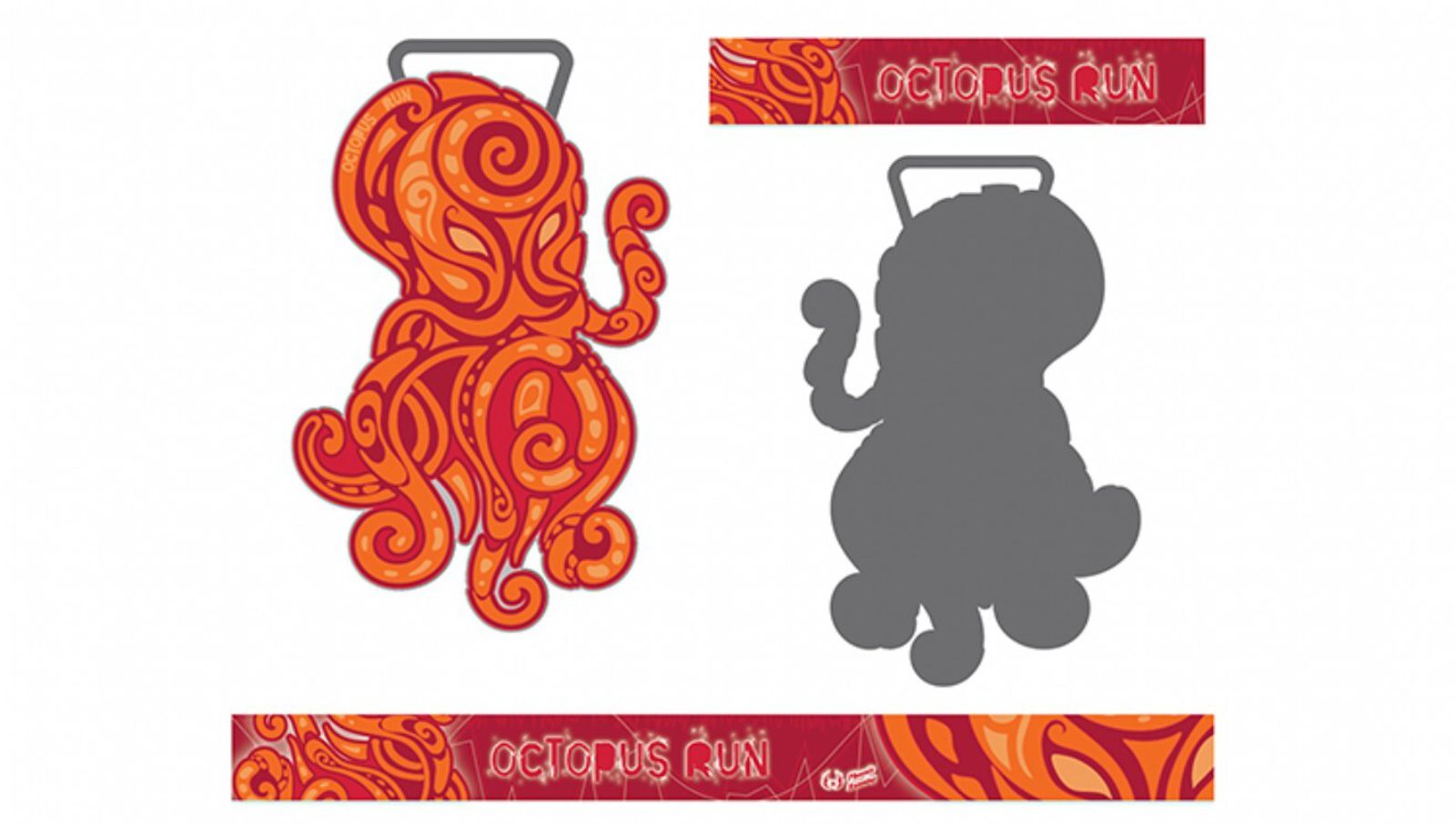 An orange, stylized octopus medal with swirling patterns and a wavy outline. The back of the medal is shown in gray. A red race ribbon with "Octopus Run" in bold letters is pictured above and below.