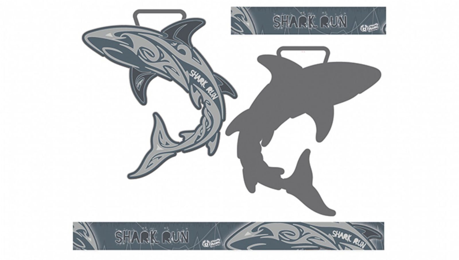 A shark-shaped medal with tribal designs and the words "SHARK RUN." The medal has a handle at the top, and the matching ribbon is decorated with the same shark design and event name.