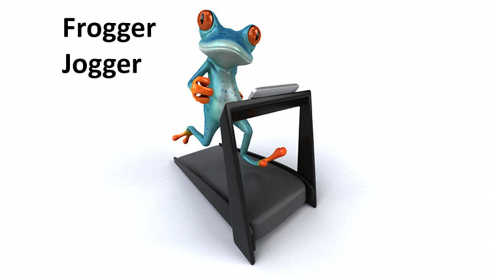 A cartoon blue frog with orange eyes and feet jogs on a treadmill. The text "Frogger Jogger" appears to the left of the frog on a white background.