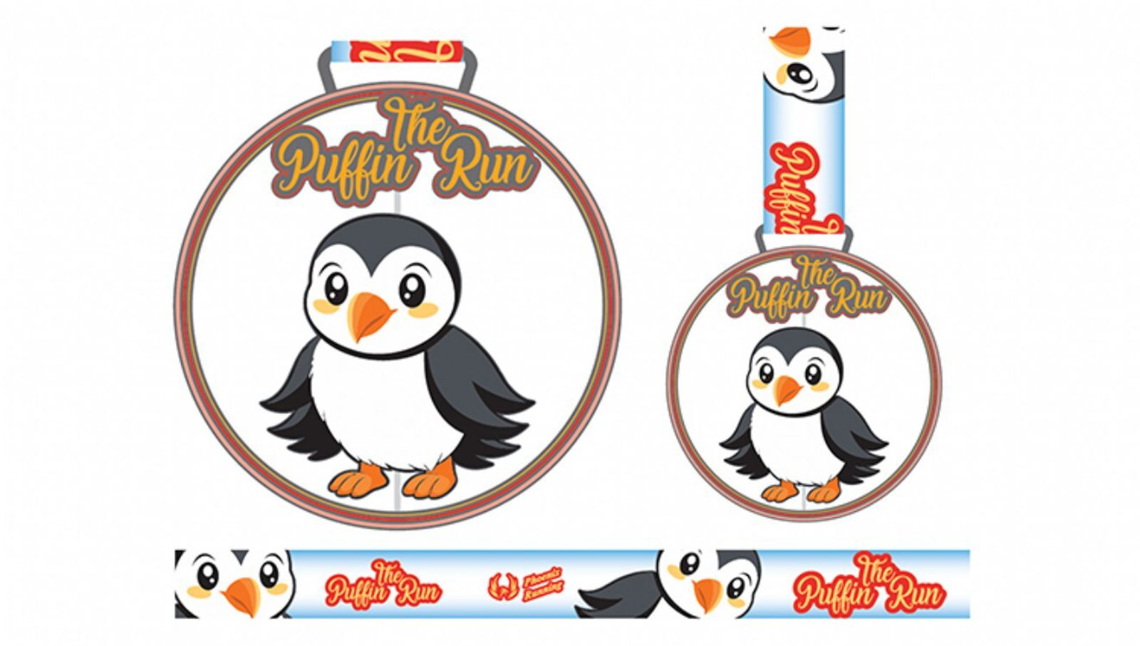 A round medal featuring a cute cartoon puffin with orange feet and beak, surrounded by the text "The Puffin Run" in yellow script. The matching ribbon displays puffin images and the event name.