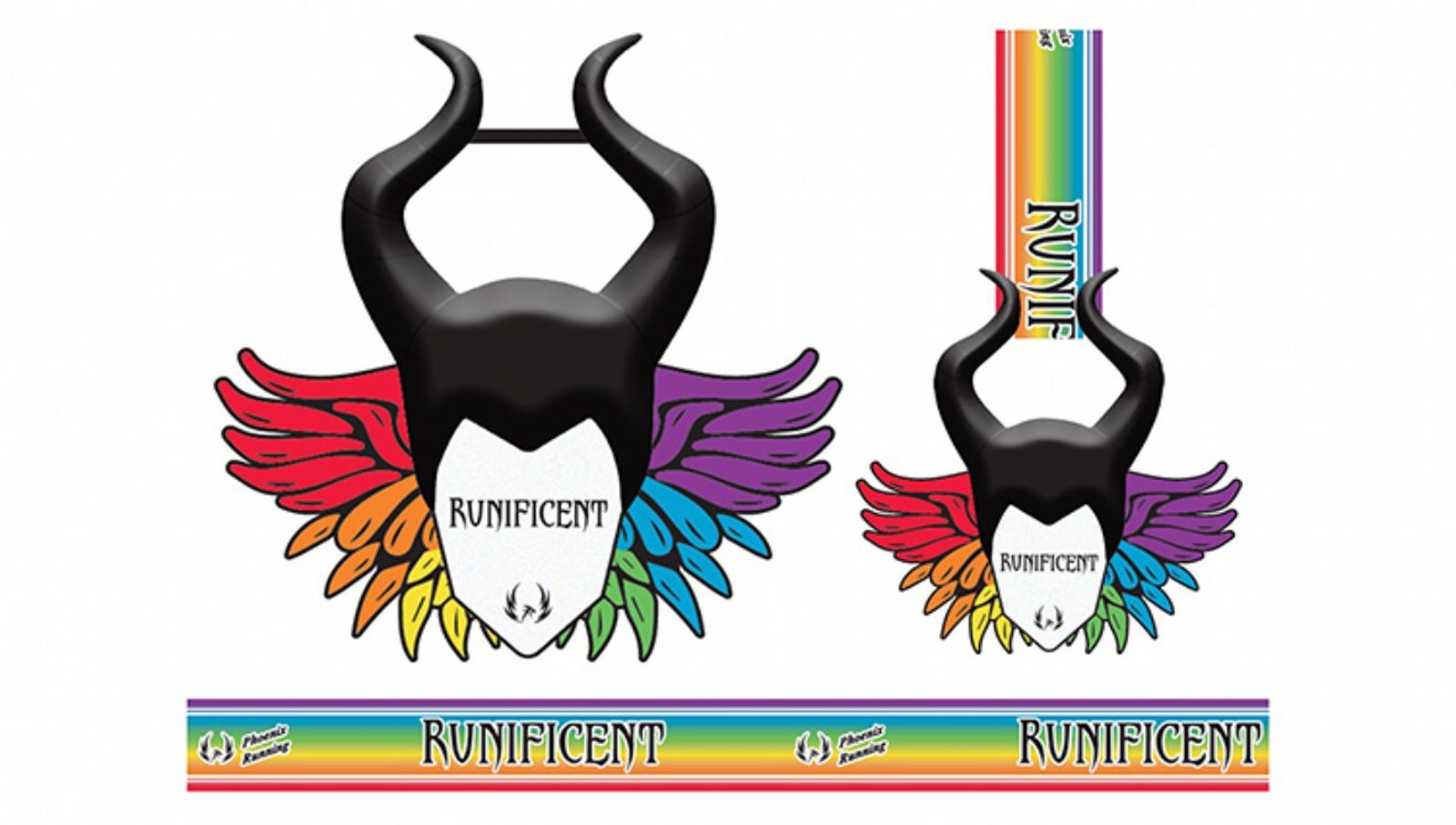 Illustration of a Maleficent-style horned headpiece with rainbow-colored wings and the word "RUNIFICENT" on the front, accompanied by a rainbow-striped event medal ribbon also labeled "RUNIFICENT.