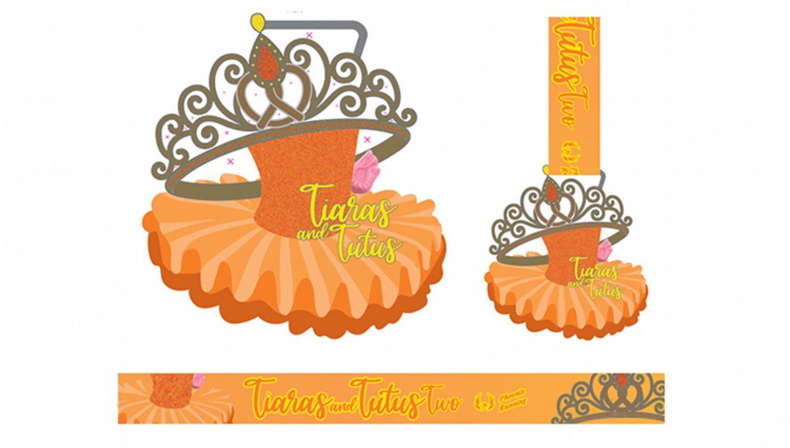 An orange and gold tutu with an ornate tiara sits above the words "Tiaras and Tutus Two" in elegant script. The design is featured on party decorations with matching colors and patterns.