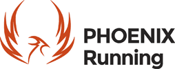 The logo consists of a stylized, red phoenix silhouette with outstretched wings on the left. To the right, the text "PHOENIX Running" is written in bold, black letters.