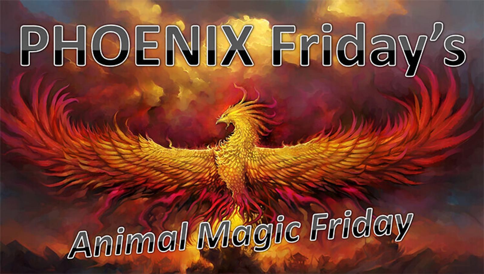A vibrant illustration of a phoenix with fiery wings spread wide against a dramatic sky. The text reads, "PHOENIX Friday's Animal Magic Friday.