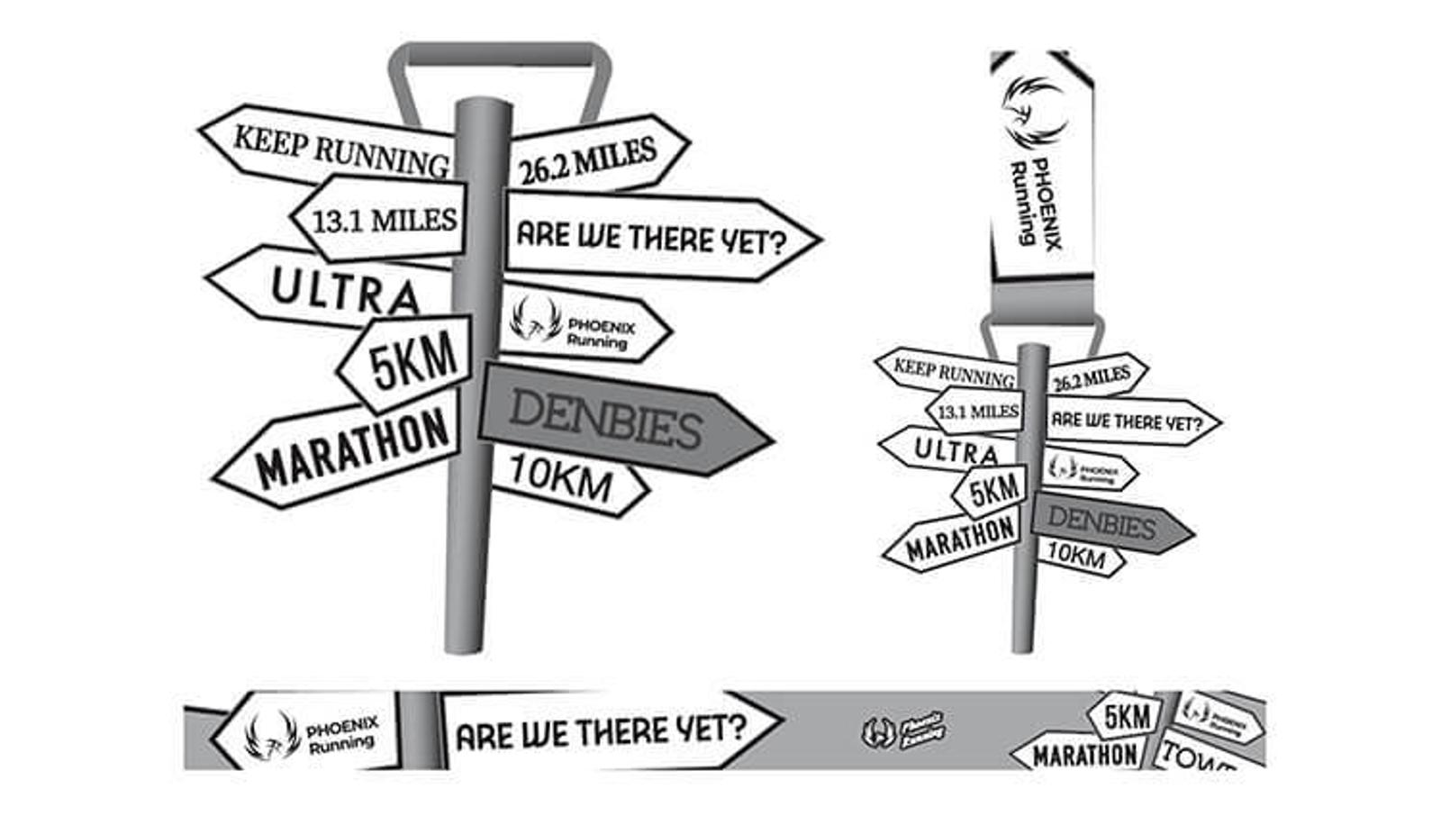 Illustration of a medal shaped like a signpost with arrows. Signs read "Keep Running," "26.2 Miles," "13.1 Miles," "Are We There Yet?," "Ultra," "5KM," "Marathon," and "10KM." Includes "Phoenix Running" logo. Ribbon is themed similarly.
