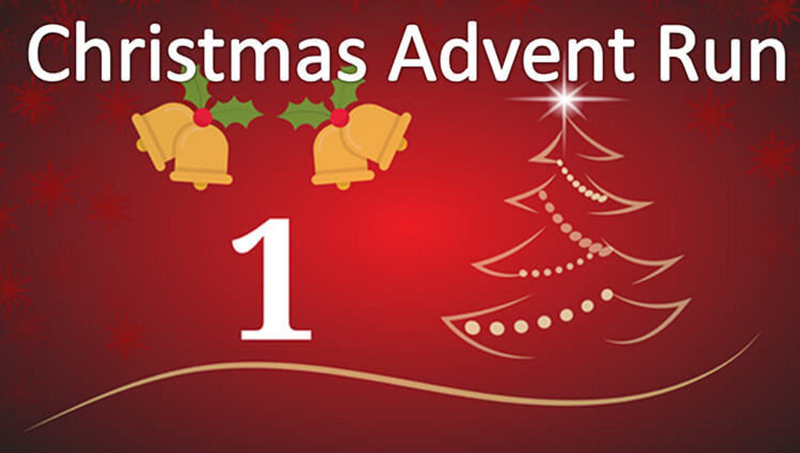 Festive image with "Christmas Advent Run" text at the top. Below, three golden bells with holly leaves and the number "1" are featured. A stylized Christmas tree with a star on top is shown on a red background.