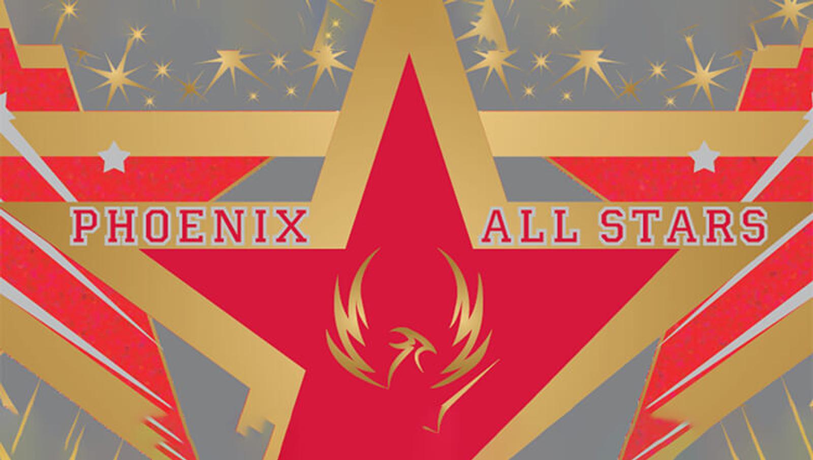Red and gold star-themed graphic with the words "Phoenix All Stars" and a phoenix emblem in the center, set against a background of smaller stars and geometric shapes.