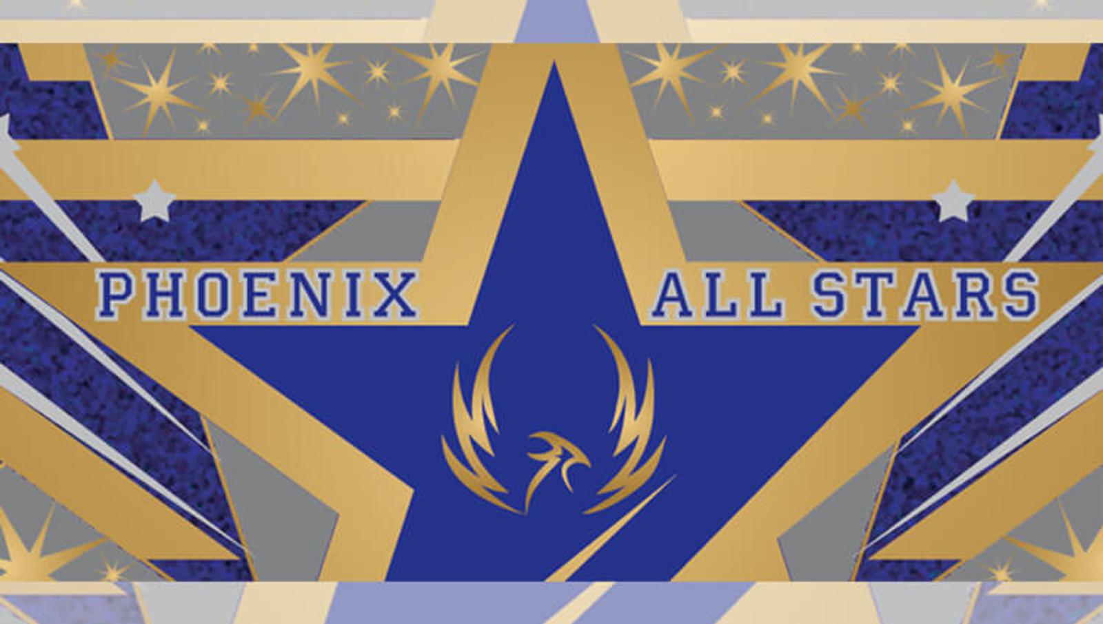 A blue and gold star design with the words "PHOENIX ALL STARS" across it. A stylized phoenix logo is centered within the star, surrounded by smaller stars and geometric patterns.