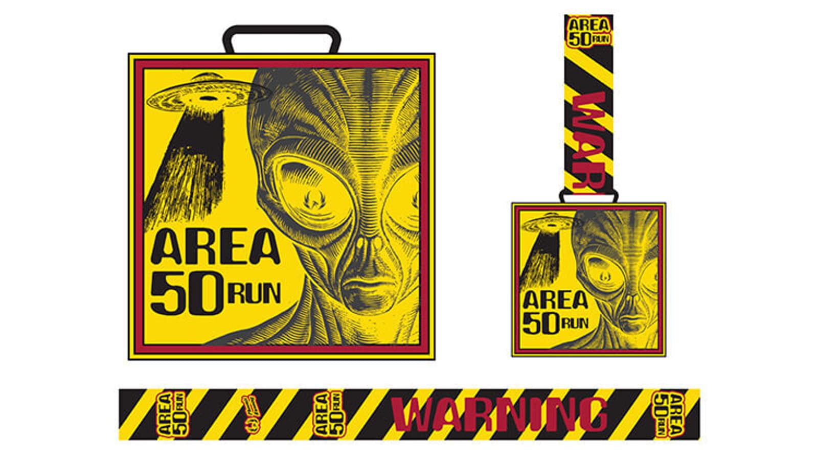 A suitcase with a yellow and black Area 50 Run design featuring a large alien face and a UFO. Red "WARNING" text on the handle and strap. Diagonal stripes add a cautionary theme to the overall design.