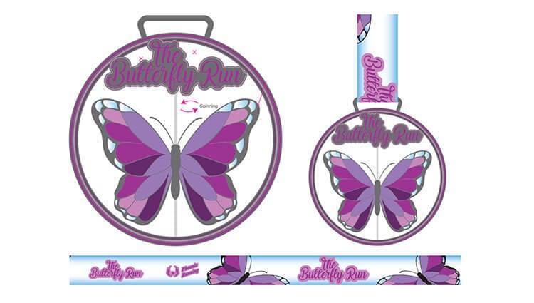 A medal for "The Butterfly Run" featuring a large purple butterfly on a round, white background, with a matching ribbon and event name in pink script above the butterfly.
