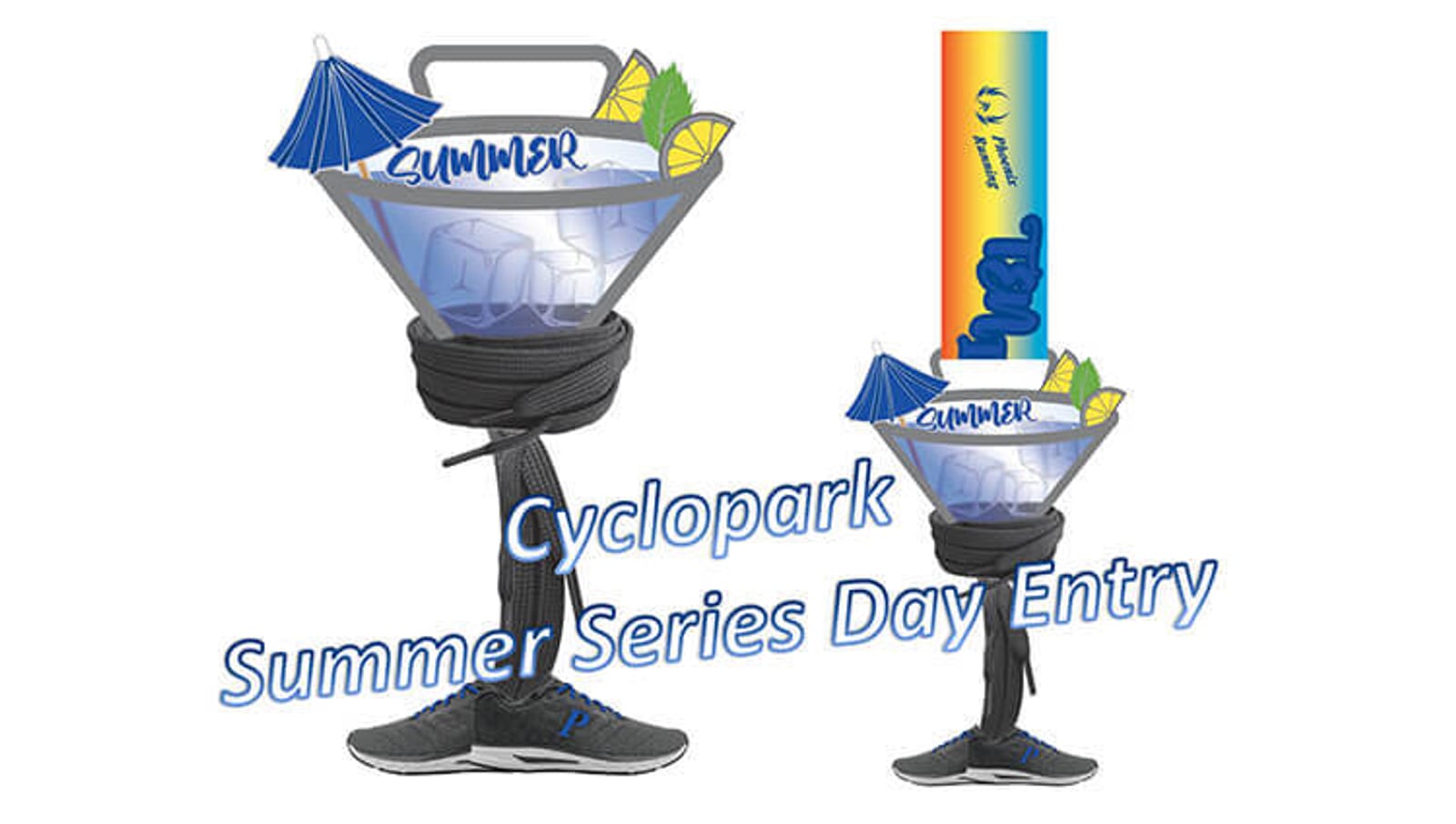 Illustration of a cocktail glass filled with ice, lemon, and a drink umbrella, wearing laced-up running shoes. Text reads "Cyclopark Summer Series Day Entry" with a colorful medal in the background.