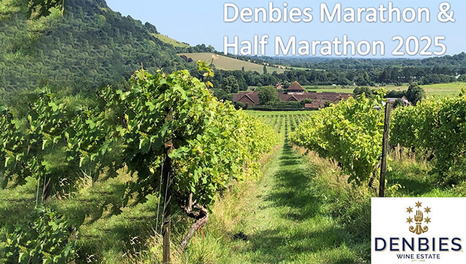 Lush green vineyard landscape with hills in the background. Text reads "Denbies Marathon & Half Marathon 2025." Denbies Wine Estate logo is at the bottom right corner.