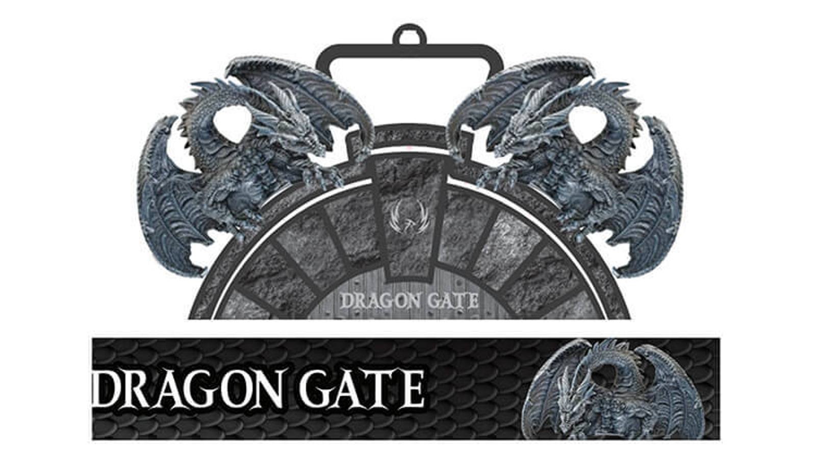 A medal with intricate dragon designs: twin dragons face each other atop the circular metal structure adorned with stone-like textures. The words "DRAGON GATE" are in the center. The ribbon has a scaly pattern with "DRAGON GATE" text and a smaller dragon image.