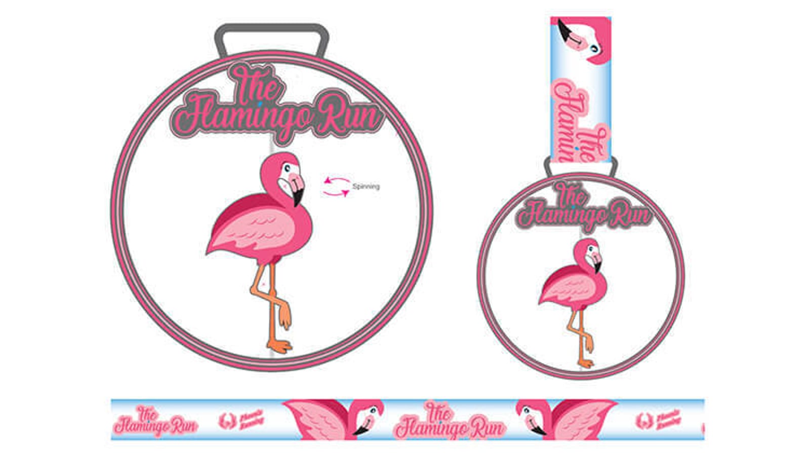 A round medal for "The Flamingo Run" featuring a pink flamingo in the center, with an illustrated ribbon. The medal includes an arrow indicating the flamingo image spins. The ribbon has the event name and flamingo graphics.