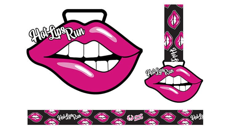 Illustration of bright pink lips with white teeth, labeled "Hot Lips Rum." Includes a keychain and a lanyard with a repeating pink lips pattern on a black background.