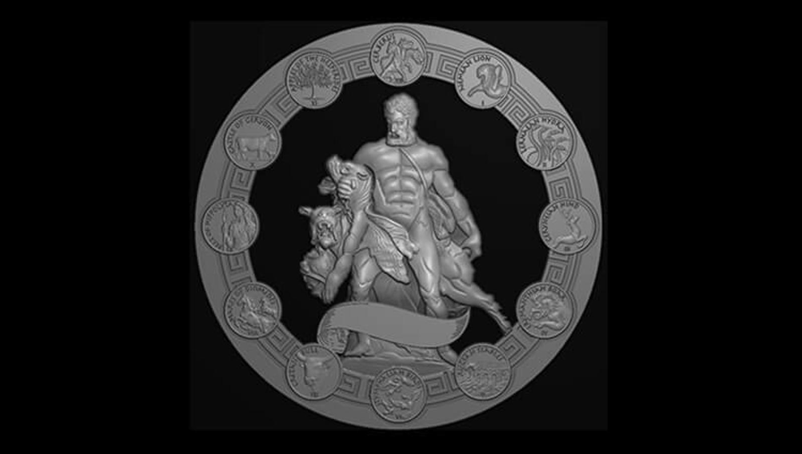 A detailed silver coin features a muscular figure wrestling a beast at its center. Surrounding the central scene are twelve smaller circular depictions, each illustrating different scenes or symbols, framed by a geometric border.