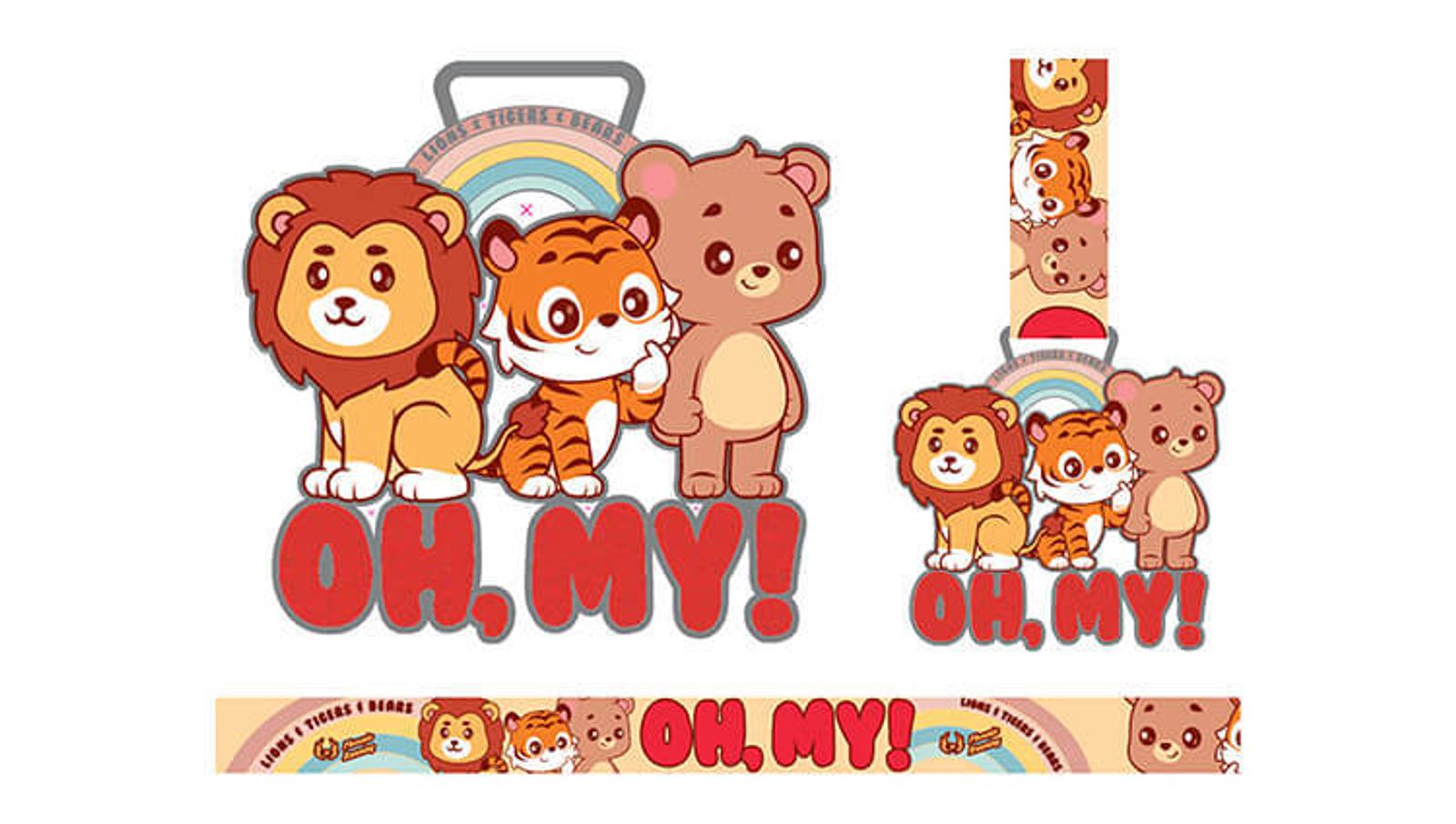 A cute illustrated design featuring a lion, tiger, and bear standing together. The phrase "OH, MY!" is written in large red letters below them. The background includes soft rainbow colors.