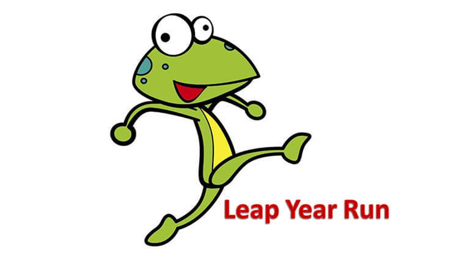 A cheerful green cartoon frog with a wide smile and big eyes is shown leaping mid-air. The frog has spots on its face and is positioned against a plain white background. Below the frog, the text "Leap Year Run" is written in red.
