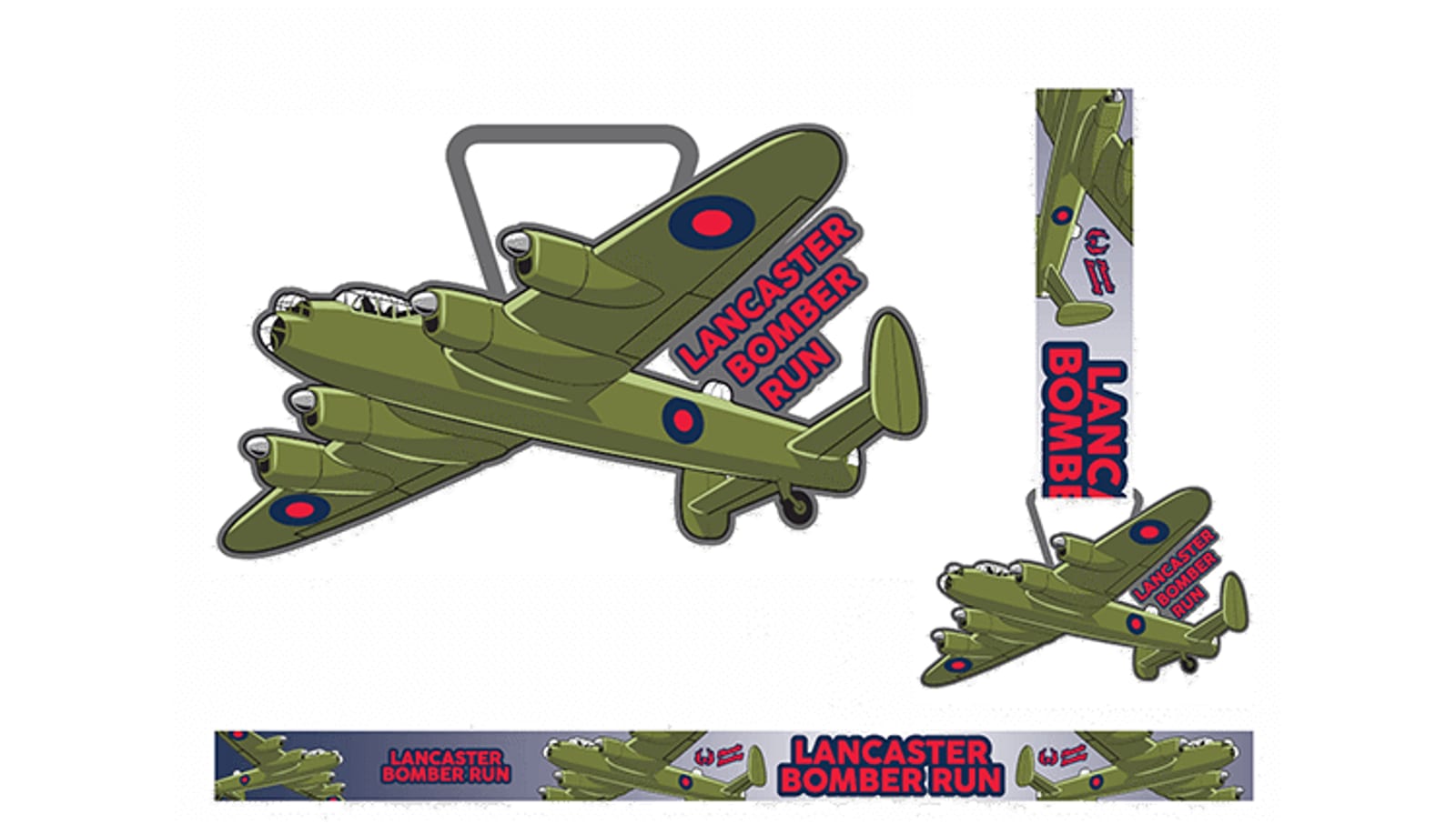 Illustration of a green Lancaster bomber plane with red and blue circular markings, and a tag reading "Lancaster Bomber Run." Includes close-up and side views, plus a matching design strip at the bottom.