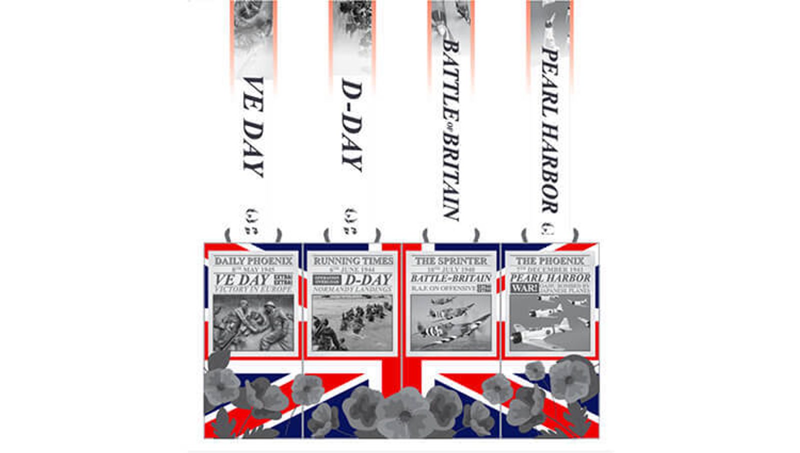 A set of commemorative ribbons and medals displayed vertically with text and imagery. The ribbons are labeled VE Day, D-Day, Battle of Britain, and Pearl Harbor, each accompanied by a matching medal below, with a Union Jack and poppy design at the bottom.
