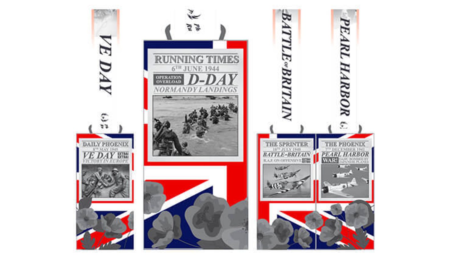 An infographic commemorating WWII events. Central headline reads "Running Times, 6th June 1944, D-Day Normandy Landings" with an image of soldiers on a beach. Flanked by pillars titled "VE Day," "Battle Britain," and "Pearl Harbor," featuring relevant newspaper front pages and images.