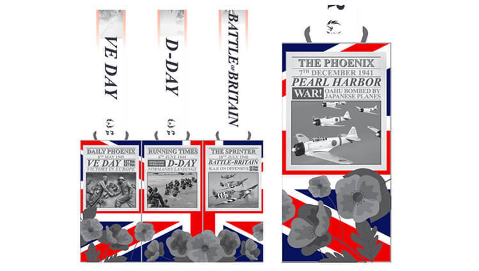 Illustration of four bookmarks featuring British wartime themes. Each bookmark displays historical events like D-Day and the Battle of Britain, with motifs of airplanes, poppies, and the UK flag.