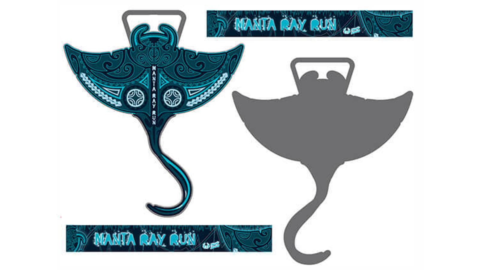 Illustration of a manta ray-shaped medal featuring intricate teal patterns. The ribbon reads "Manta Ray Run." The design showcases the medal's front with decorative details and a plain backside silhouette.