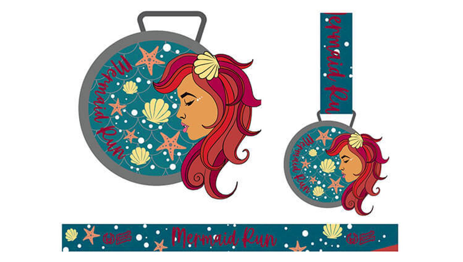 Illustration of a mermaid run medal and ribbon. The round medal features a mermaid with flowing red hair and a seashell in her hair, surrounded by starfish and bubbles. The ribbon is blue with "Mermaid Run" text and scattered seashell and starfish motifs.
