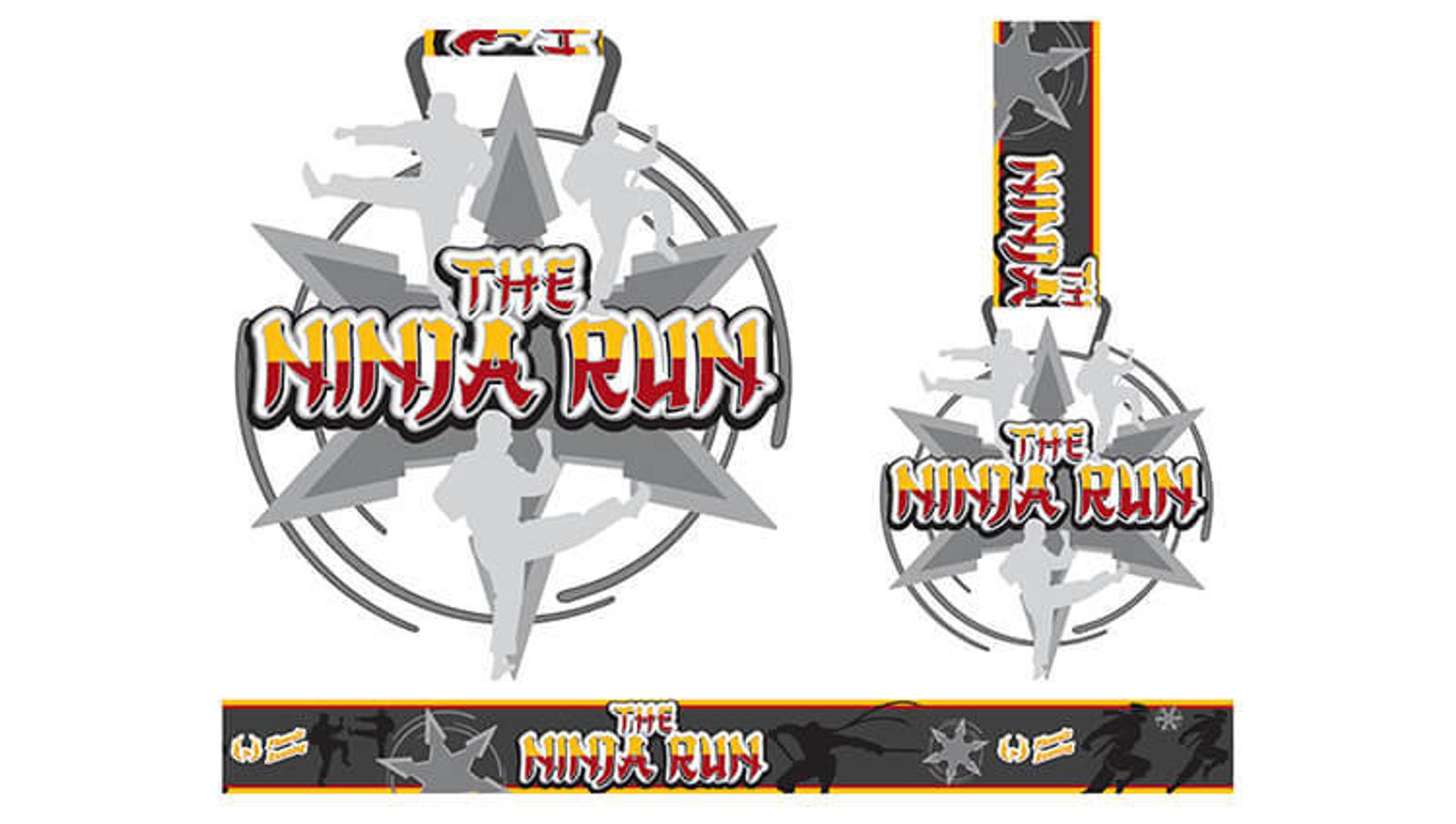 The Ninja Run" logo featuring silhouettes of ninjas in action poses around a shuriken. The design includes a medal with the same logo and a belt-like ribbon decorated with ninja graphics and "The Ninja Run" text in bold lettering.