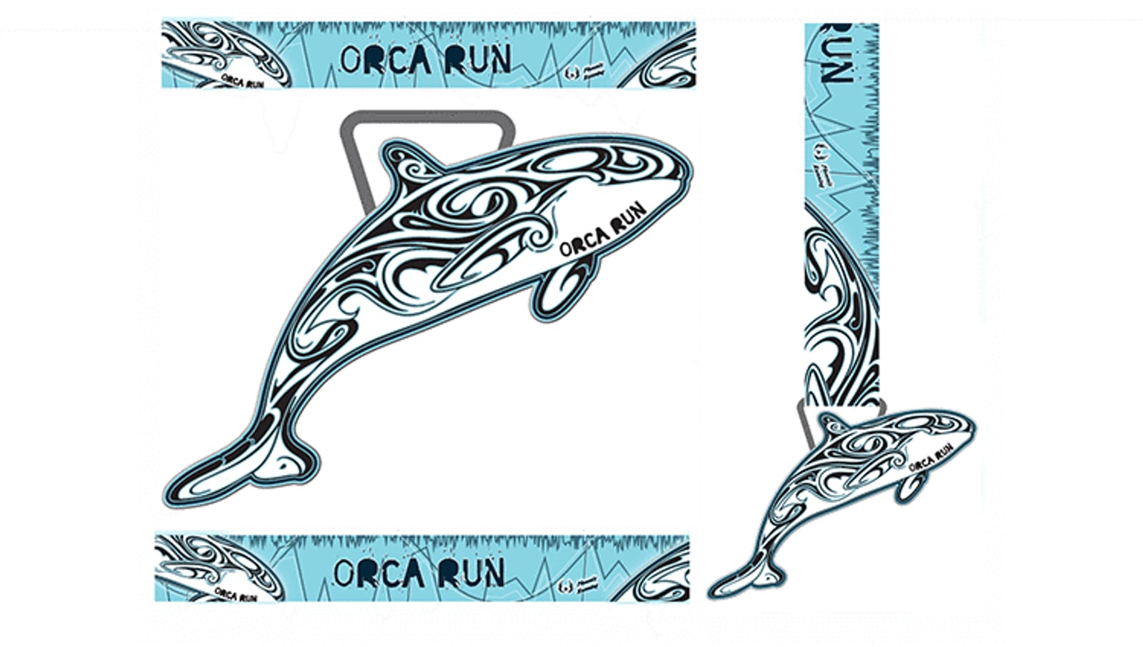 An Orca Run medal and matching blue ribbon decorated with a stylized orca design and bold black tribal patterns. The ribbon features the text "Orca Run" and a ruler-like measurement scale along its length.