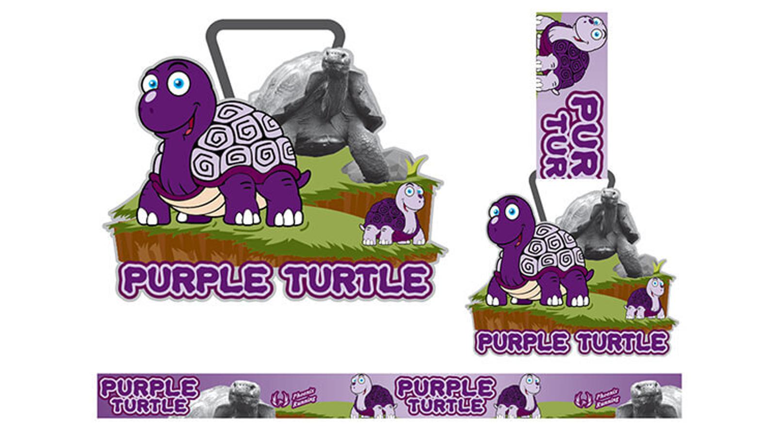 Illustration of a cartoon purple turtle with spiral shell patterns. The design appears on various items, including a handle cutout, bookmark, and strip. The text "PURPLE TURTLE" is prominently displayed in bold letters.