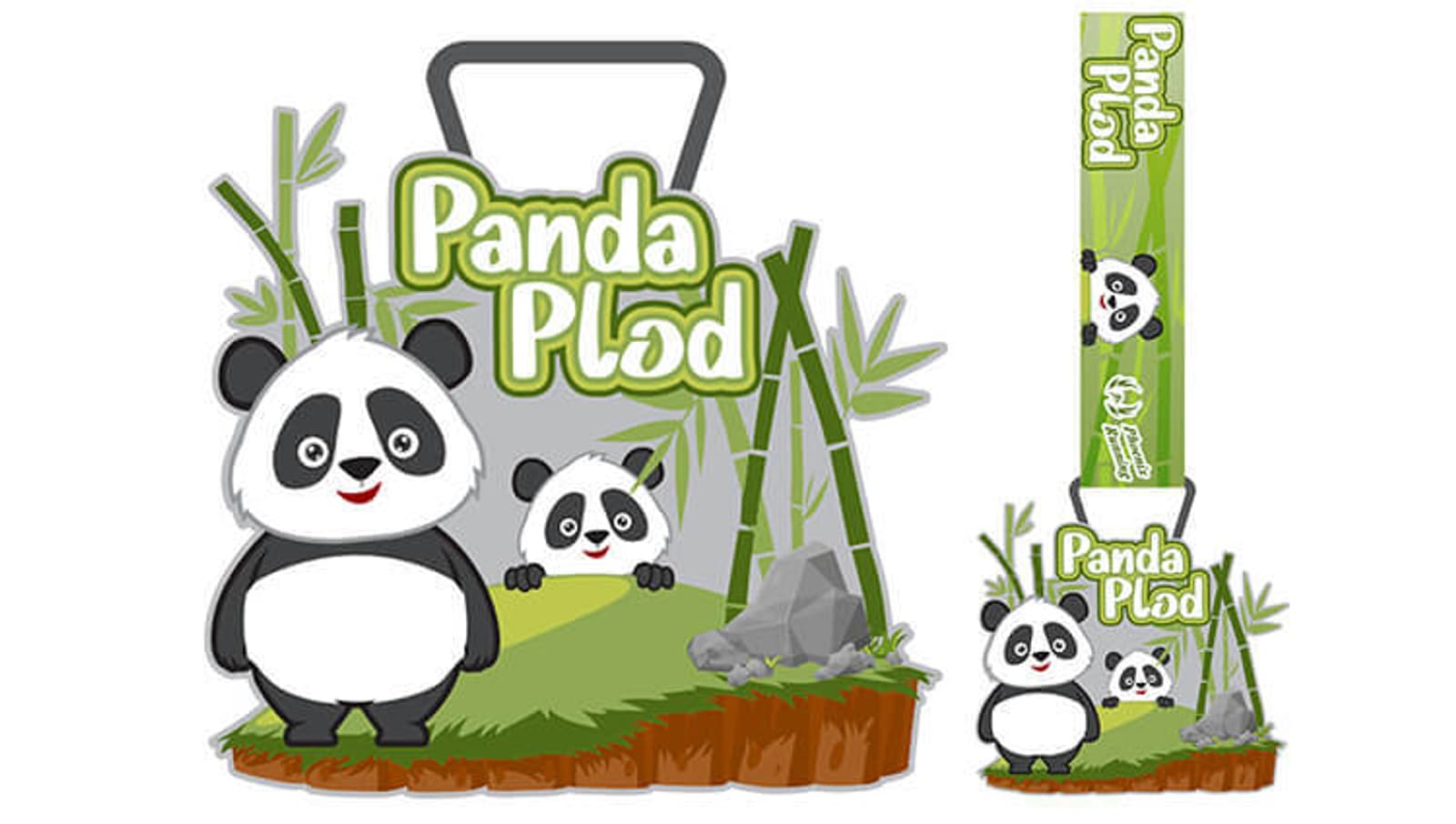 Cartoon image of a panda family on a grassy bamboo field with the text "Panda Plod." The large panda is cheerful, accompanied by a smaller panda and baby. Rocky terrain is visible in the background, and a bamboo stalk with the same design is shown on the right.