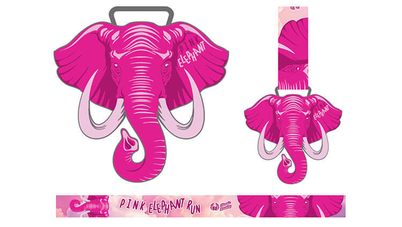Illustration of a pink elephant medal with a trunk and ears. The medal includes a stylized handle and the words "Pink Elephant." A matching ribbon displays a pink and white pattern with "Pink Elephant Run" printed on it.