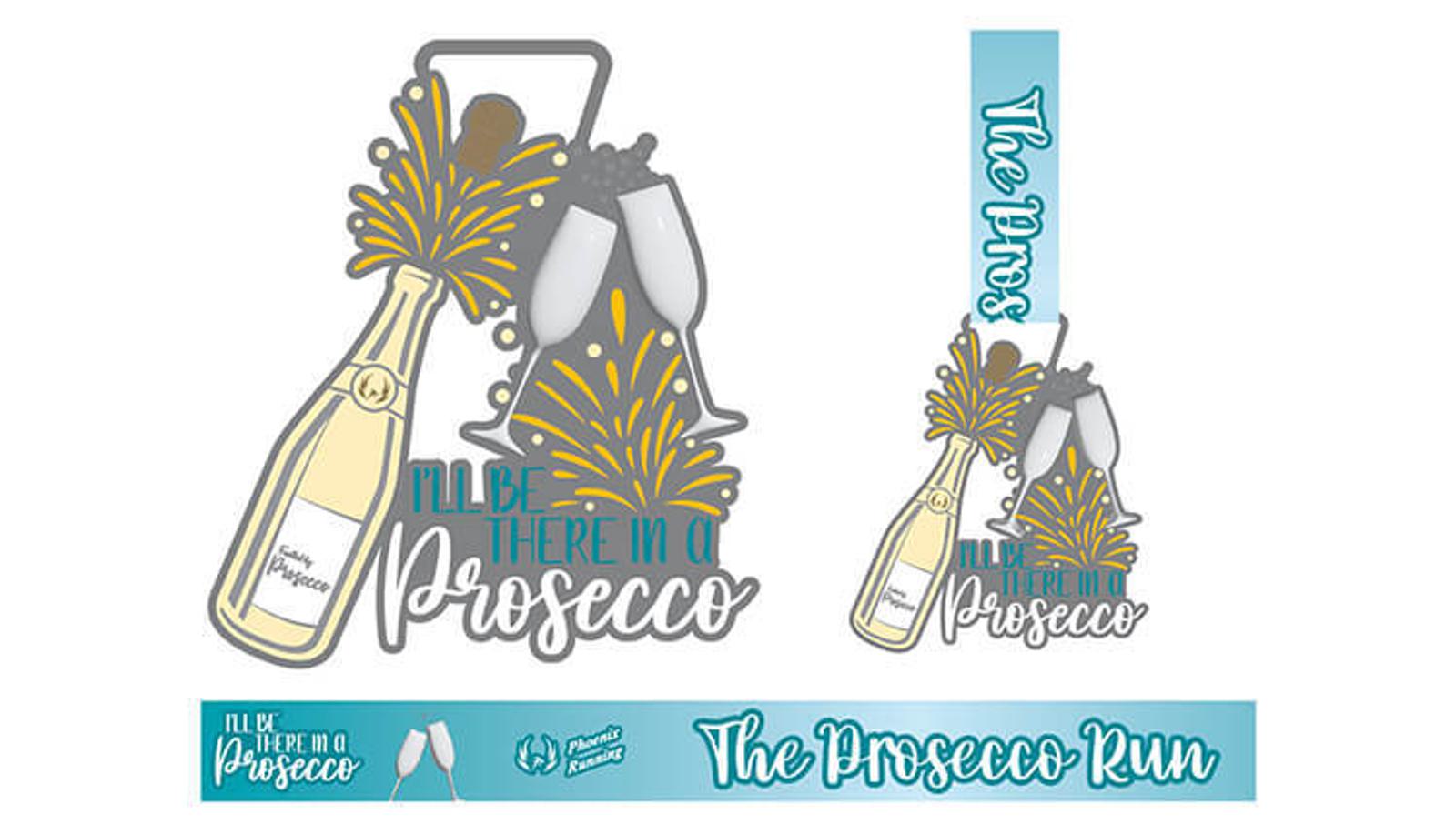 A medal design for "The Prosecco Run" featuring a champagne bottle and two clinking glasses. The text reads, "I’ll be there in a prosecco" with gold bubbles and sparkles around the glasses.