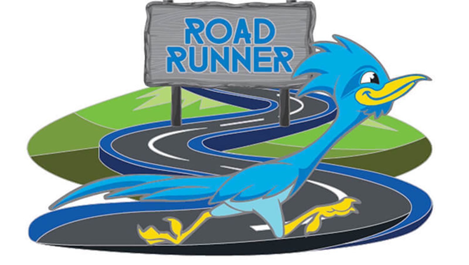 Illustrated blue road runner bird on a winding road. In the background, a wooden sign reads "Road Runner." The backdrop features stylized green hills.