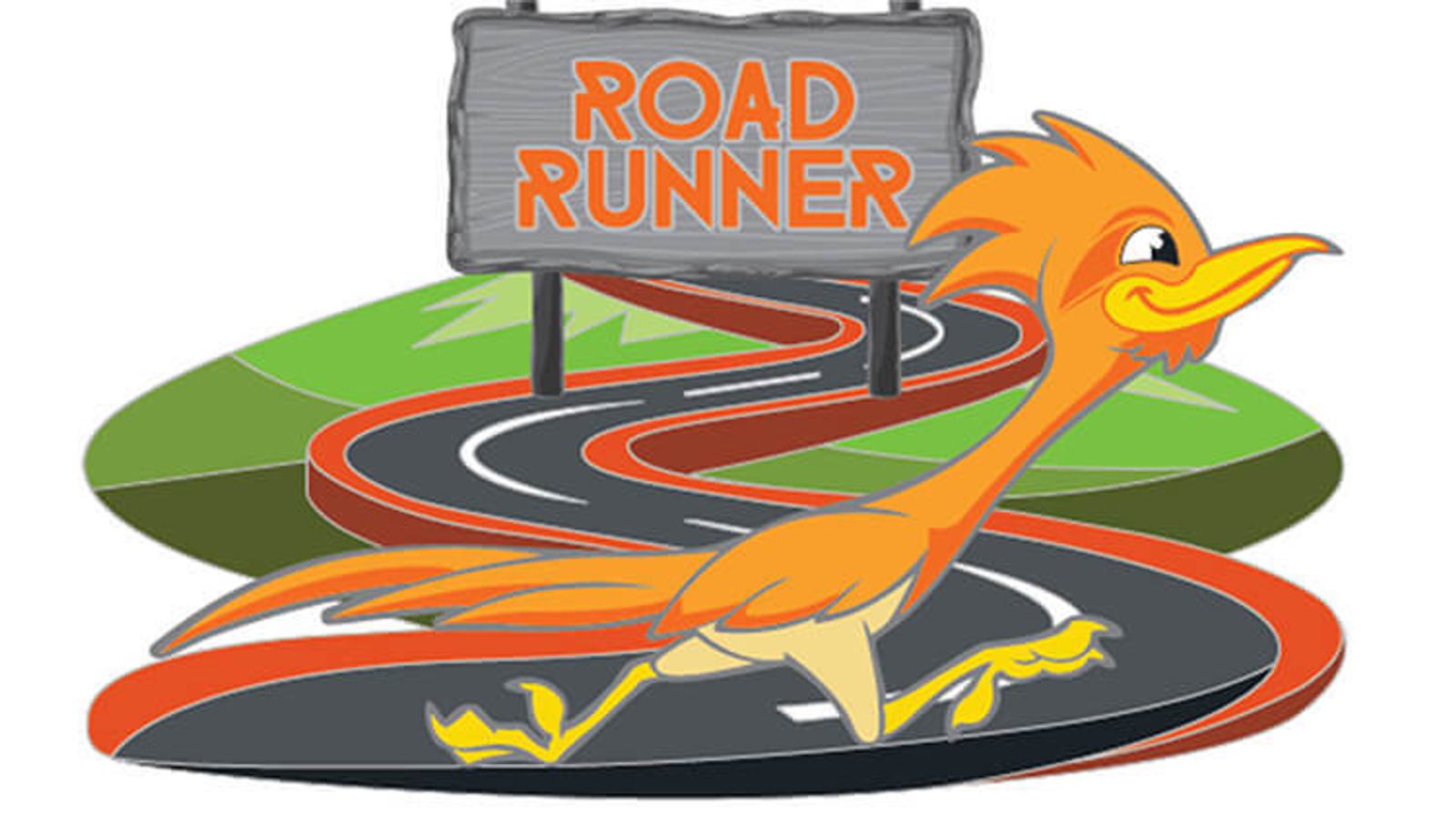 Cartoon image of a bright orange, yellow, and brown roadrunner with a long tail and beak, running briskly on a winding road. A wooden sign in the background reads "ROAD RUNNER" in orange letters, set against a green hill.