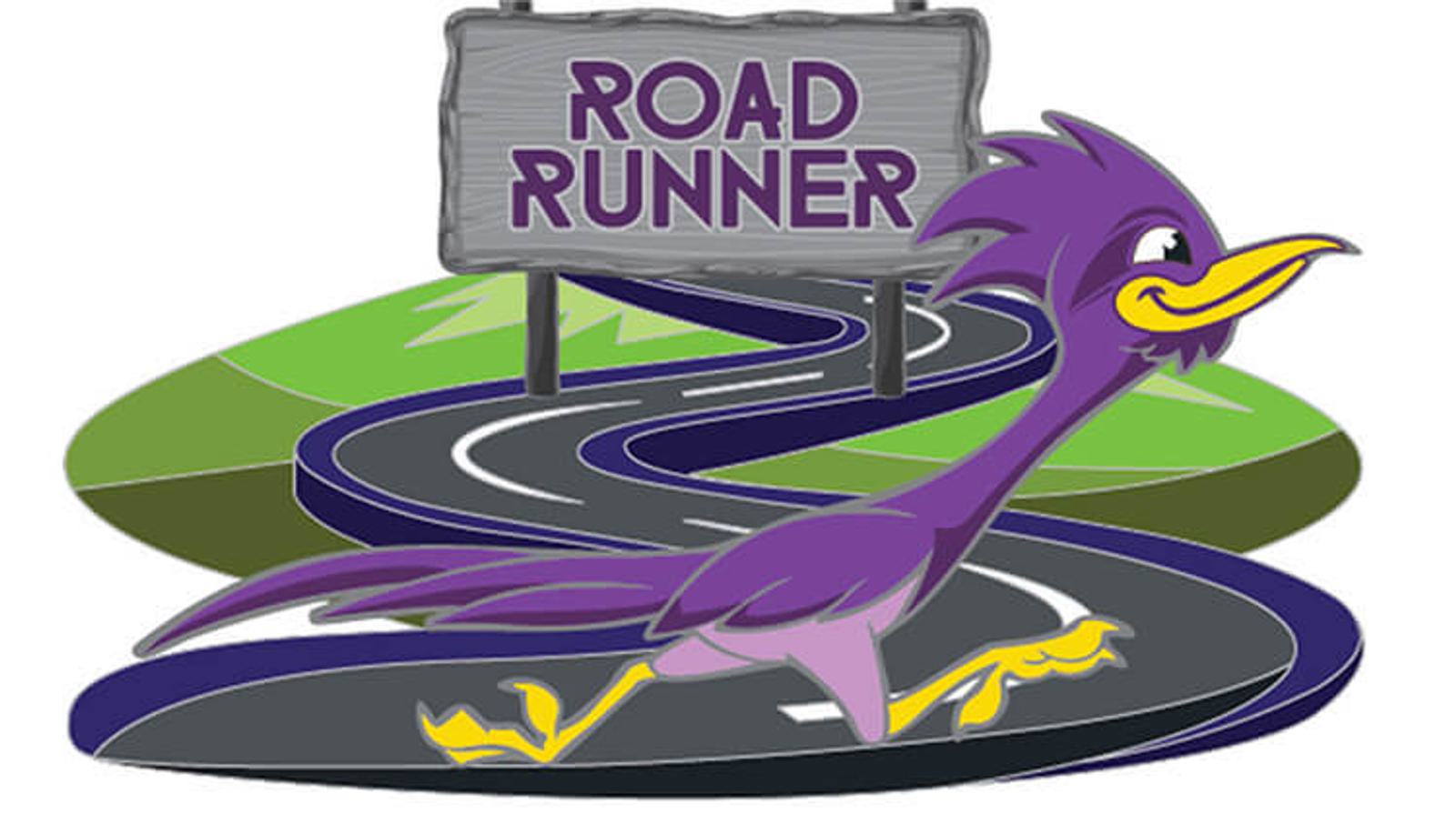 A cartoon road runner with purple and yellow coloring zips along a winding road. A wooden sign in the background reads "Road Runner" in bold letters. The scene features stylized green hills.