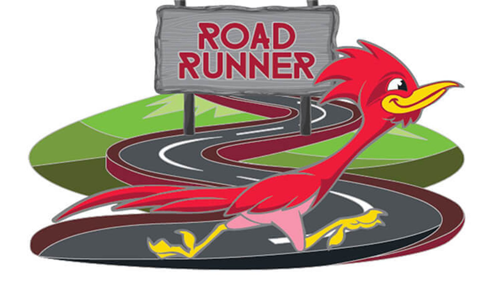 A cartoon bird running on a winding road. Above the road is a gray sign with red letters saying "Road Runner." The background features green hills.