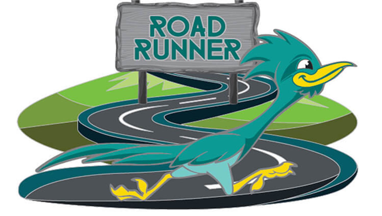 Cartoon of a blue and green road runner bird with yellow beak and feet, running swiftly on a winding road. A wooden sign above reads "Road Runner," with green hills in the background.